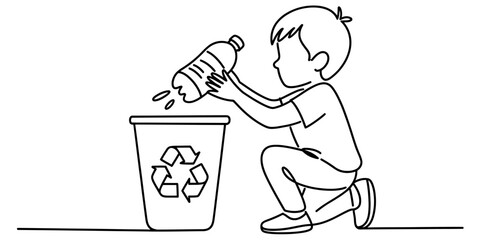 Little boy placing a plastic bottle into a recycling bin with the universal recycle symbol, promoting environmental care and waste sorting. Vector, illustration