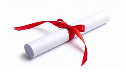 Rolled-up white paper tied with red ribbon on neutral surface symbolizing academic achievement