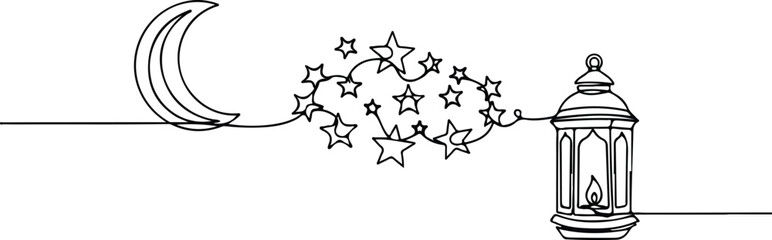 One line crescent moon stars and lantern Ramadan vector design.