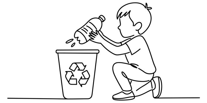 Little boy placing a plastic bottle into a recycling bin with the universal recycle symbol, promoting environmental care and waste sorting. Vector, illustration