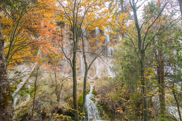 Scenery Jiuzhaigou national park in Sichuan, China. Beautiful of Nuorilang Waterfall in Autumn season. Famous Landmark and Vacation near Chengdu, China. Asia travel concept