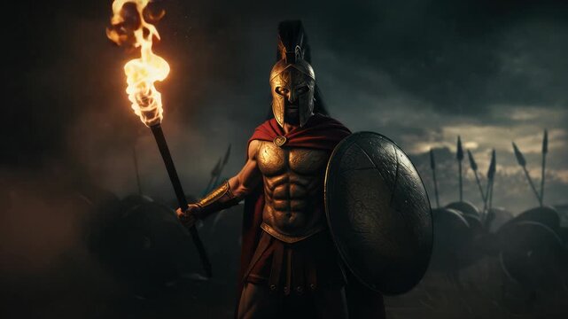Spartan warrior with torch and shield on the battlefield, symbol of ancient valor and