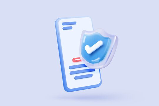 3D mobile phone with shield security icon for online shopping, online payment with protection. Application safety using a smartphone concept. 3d mobile phone safety vector icon render illustration
