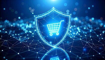 Glowing shield with shopping cart icon over digital network background symbolizing secure e-commerce