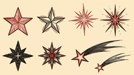 Obraz premium Hand-drawn vintage collection of various star shapes, including celestial Polaris and dynamic shooting star illustrations.