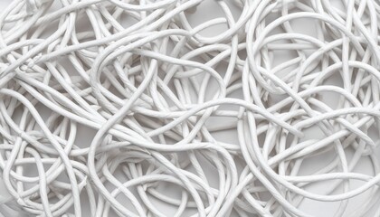 Tangled white cables forming chaotic pattern on light surface