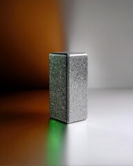 A close-up shot of a textured stone block standing on a reflective surface, with a gradient background of brown and white colors.