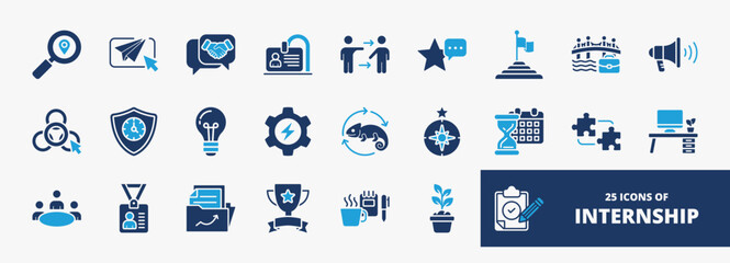 set of A collection of internship icons suitable for web and mobile application. Set of glyph blue style icons with discovery, apply, interview, onboarding, and more icons.