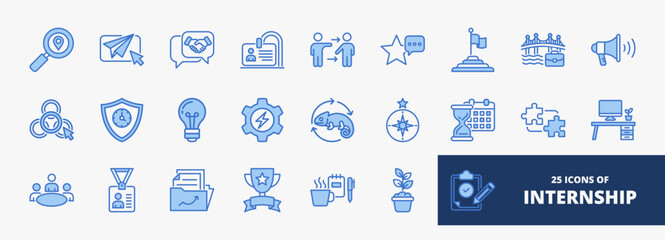 set of A collection of internship icons suitable for web and mobile application. Set of outline blue style icons with discovery, apply, interview, onboarding, and more icons.