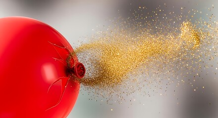 Red balloon explodes releasing golden glitter in a spectacular high speed photograph