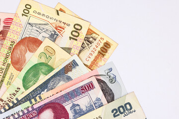 Collection of Honduras money banknotes arranged on different denominations designs