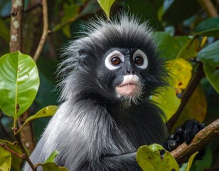 Obraz premium A close-up portrait of a dark-furred primate with light, fluffy fur on its head and chest, sitting amidst green foliage