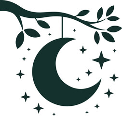 Crescent moon hanging from tree branch with stars silhouette vector.