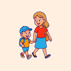 Illustration of a mother leading her child to school