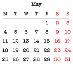 May Calendar Page with Red Weekends.