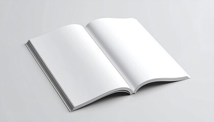 Open book, showcasing blank, bright pages. The spine is visible, with the book lying flat on a white surface, angled slightly