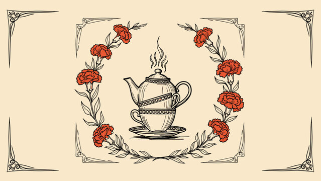 Vintage hand-drawn illustration of a steaming teapot and cup, framed by a circular wreath of red carnation flowers and leaves.