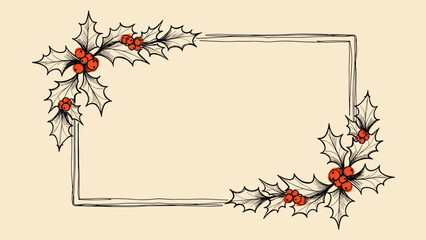 Hand-drawn vintage rectangular frame decorated with holly branches and red berries in the corners, perfect for Christmas greetings.