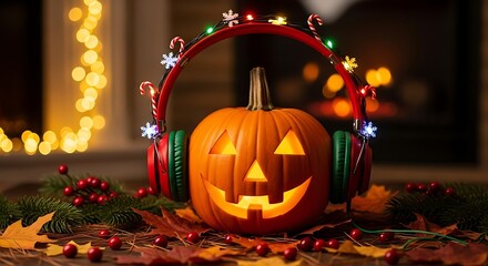Spooky halloween jack o lantern with festive lights and headphones ready for a party