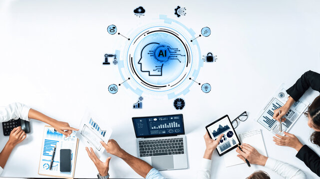 A concept of a global AI ecosystem centered on digital intelligence. Network integrates diverse applications like industrial automation, cloud computing, and fintech for worldwide innovation. Fermion