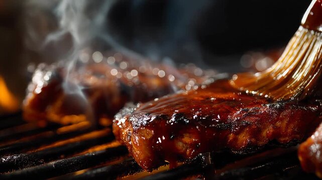 Smoky, grilled pork rib cooking on hot grill creating mouthwatering culinary experience brushing savory barbecue sauce onto tender meat for perfect summer cookout