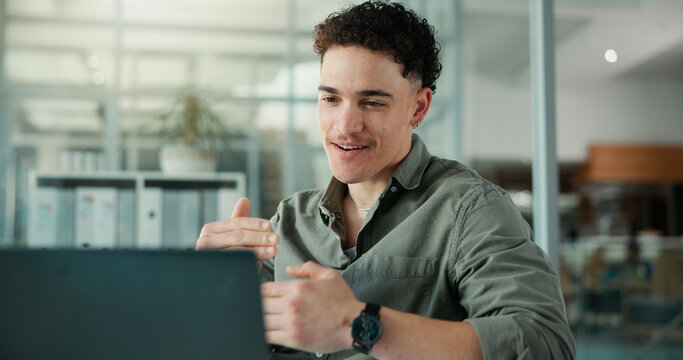 Video call, discussion or man with laptop in office, virtual consultation or financial planning for client. Account strategy, pc or advisor explain market status, investment recommendation or advice