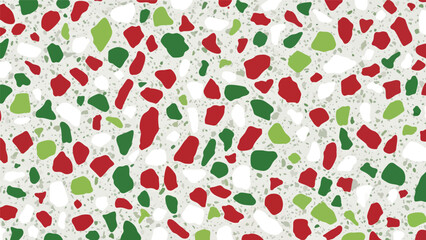 Terrazzo pattern featuring red, green, and white chips embedded in a light gray matrix, creating a festive and colorful speckled texture.