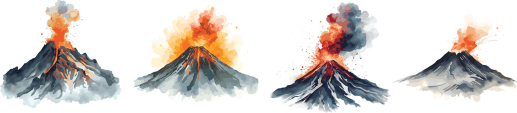 Illustration watercolor of an Mountain Eruption isolated on white.