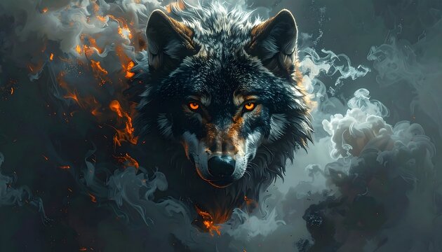 A fierce wolf head emerges from fiery and smoky tendrils, showcasing intense glowing orange eyes and a powerful gaze