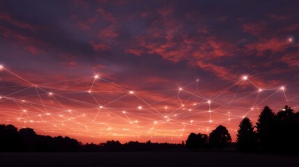 Abstract digital network connection overlayed on a vibrant dramatic sunset sky with silhouetted trees