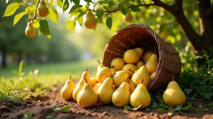 Ripe pears spilling from a basket in an orchard at sunset