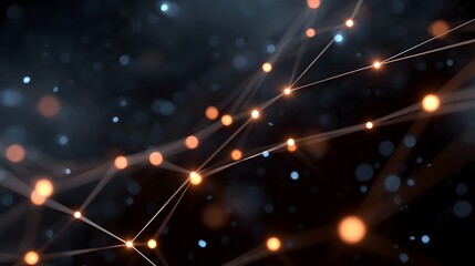 Abstract futuristic network of glowing nodes and connecting lines on a dark background with bokeh