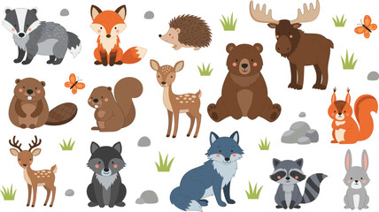 Obraz premium Large Vector Collection of Cute Flat Style North American and European Woodland Animals, Including a Moose, Badger, Beaver, Bear, Deer, Raccoon, Wolf, Squirrel, and Hedgehog for Kids' Design
