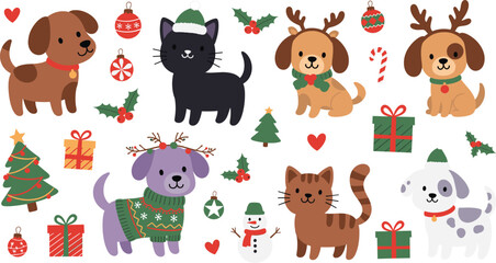 Naklejka premium Adorable Vector Set of Cute Dogs and Cats Dressed in Christmas Outfits and Reindeer Antlers, Surrounded by Holiday Decorations, Candy Canes, Presents, Holly, and a Festive Snowman
