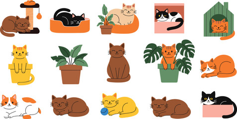 Fototapeta premium Large Collection of Charming Flat Vector Cat Characters Sitting in Plant Pots, Sleeping in Beds and Houses, and Posing Near Scratching Posts, Ideal for Pet-Themed Design