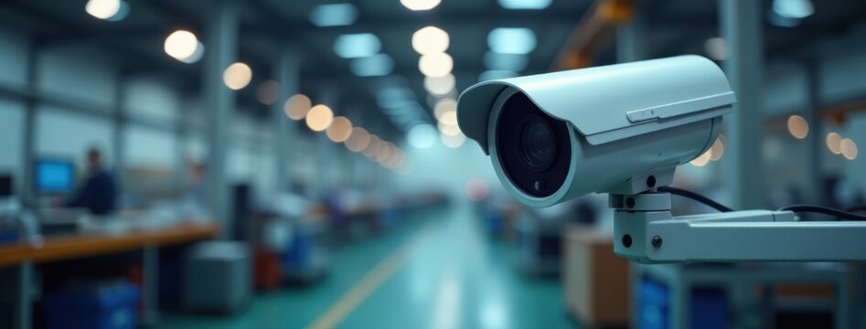 White CCTV Camera Close-up with Blurred Industrial Background