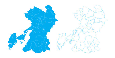 Clean blue outline and filled vector map of Kumamoto Prefecture Japan with sub-districts