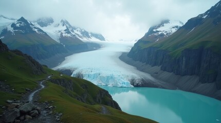 Majestic glacial valley with turquoise river and snow capped mountains