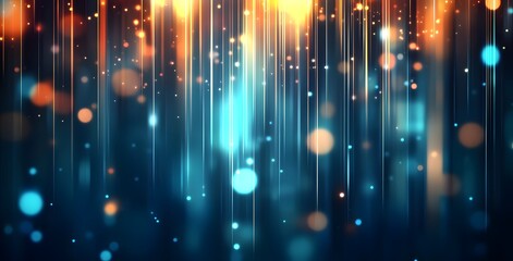 Abstract glowing digital rain of light streaks and bokeh particles in a dark futuristic background with vibrant blue and orange hues