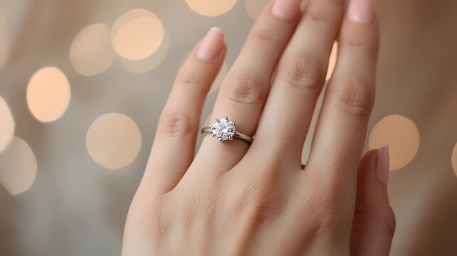 Elegant close-up of female hand wearing solitaire diamond engagement ring with soft bokeh background, showcasing luxury jewelry and romantic style details - Powered by Adobe