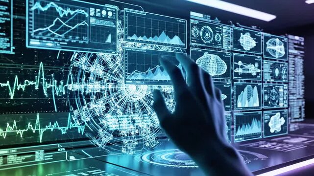 Futuristic digital data representation, displays a glowing, organic shape amidst graphs and UI elements
