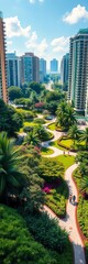Fototapeta premium Vibrant urban oasis with lush greenery, winding paths, and open spaces for recreation, peaceful, public park