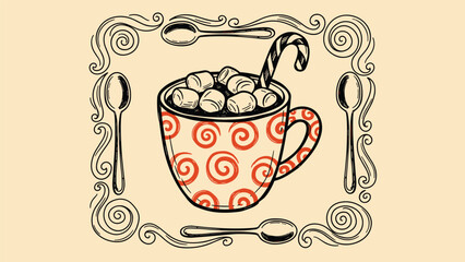 Hand-drawn vintage illustration of a cozy mug of hot chocolate with marshmallows and a candy cane, set within an ornate spoon frame.