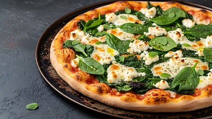 Delicious Pizza with Spinach and Cheese on Dark Background