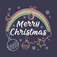 &ldquo;Bright neon-style &lsquo;Merry Christmas&rsquo; glowing letters, rainbow gradient outline, sparkling lights, hanging baubles and stars, dark background with soft bokeh, modern colorful festive vector.&rdquo;