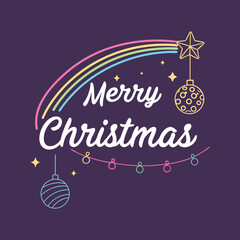 &ldquo;Bright neon-style &lsquo;Merry Christmas&rsquo; glowing letters, rainbow gradient outline, sparkling lights, hanging baubles and stars, dark background with soft bokeh, modern colorful festive vector.&rdquo;