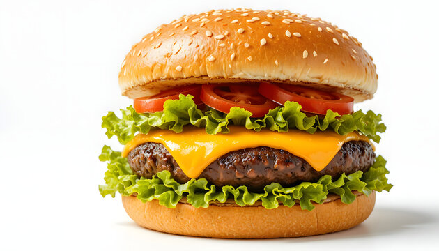  Juicy Beef Burger with Melted Cheese, Lettuce, Tomato, and Sesame Bun, isolated on white