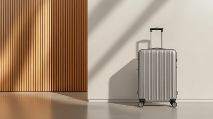 Sleek gray suitcase with wheels and handle in modern interior, sunlight casting shadows