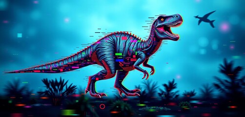 Digital glitch art of a dinosaur, abstract and fragmented with pixel distortion, noise, and corrupted data effects Modern error concept,  code,  visual