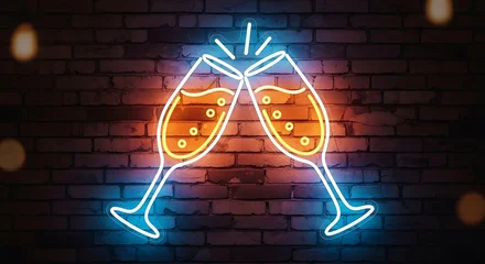 Fototapete Bar Vibrant neon toast celebration with two champagne flutes against a brick wall background  © hamza